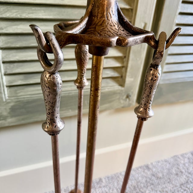 Metal Sheffield Pullman Antique Tudor Rose Fireplace Andirons, Tools & Rack For Sale - Image 7 of 14