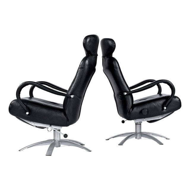 Pair of Percival Lafer Black Leather Brazilian Modern Recliners For Sale