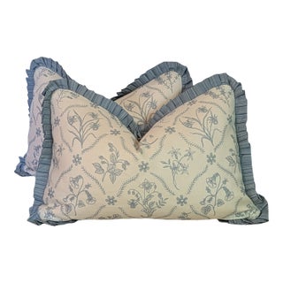 Soane Britain Lucknawi Flower Lumbar Pillows With Blue Pleated Ruffle - Pair For Sale