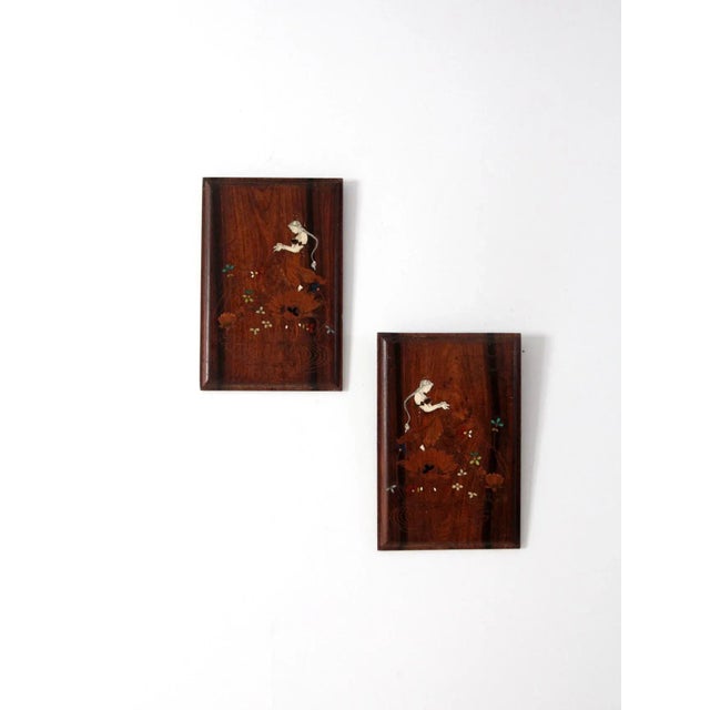 French Country Vintage Floral Goddess Etched Wood Plaque Wall Hangings Pair For Sale - Image 3 of 8