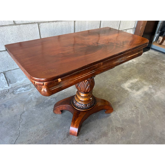 19th Century American Empire Figured Mahogany Folding Console Table / Game Table For Sale - Image 4 of 12