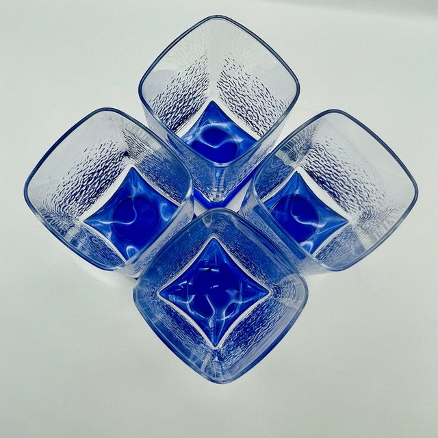 Blue Late 20th Century Textured Square Footed Glasses- Set of 4 For Sale - Image 8 of 12