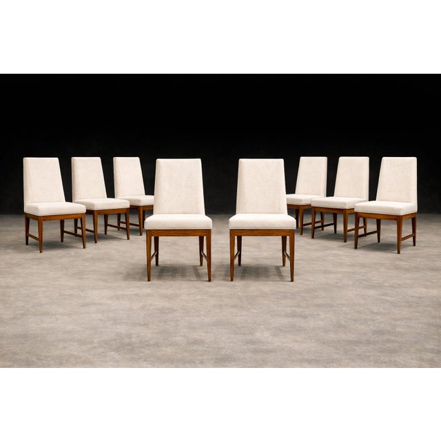 Wood Cimo, Brazil, 1950 — Set of 8 Tall-Back Dining Chairs in Caviúna With Warm Bone Performance Linen For Sale - Image 7 of 16