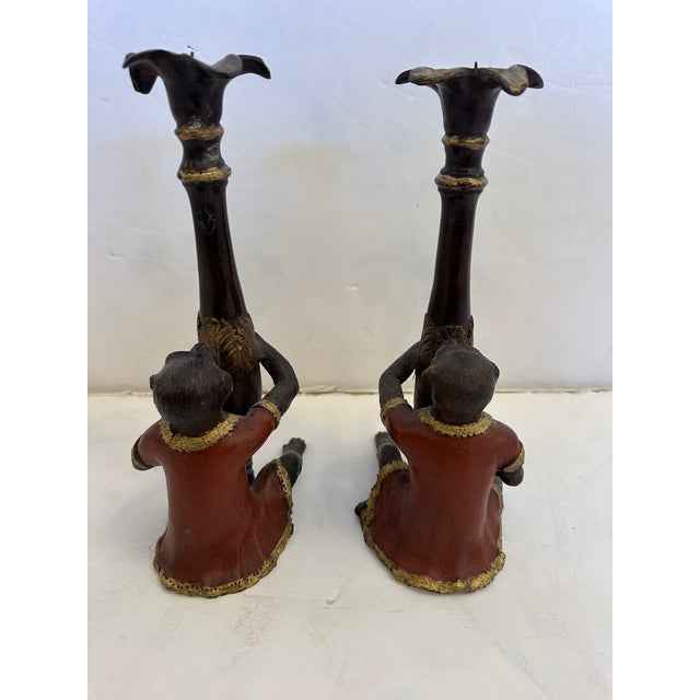 Bronze Painted Monkey Motif Candlesticks -a Pair For Sale - Image 9 of 10