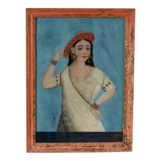 Antique Indian Reverse Painted Portrait of Woman on Glass For Sale