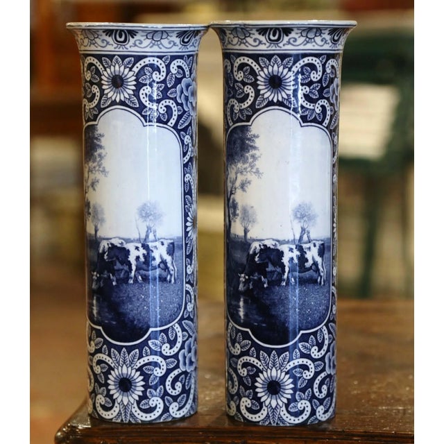 Pair of 19th Century Dutch Hand Painted Faience Delft Vases With Cattle Motifs For Sale - Image 10 of 13