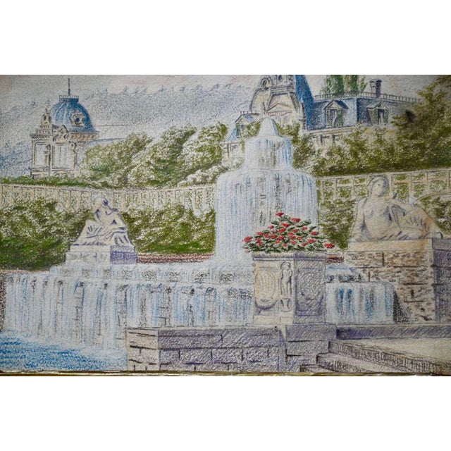 The painting is a small-format drawing on cardboard. It depicts the fountain and gardens of a château. The Montparnasse-...