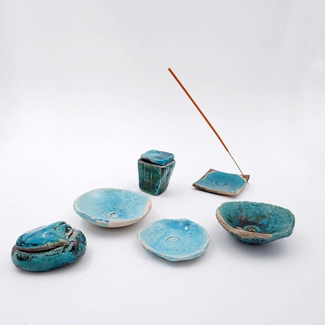 Turquoise Ceramics by N. Lebrun for Fond d'Atelier, Belgium 1970s, Set of 6 For Sale - Image 5 of 15