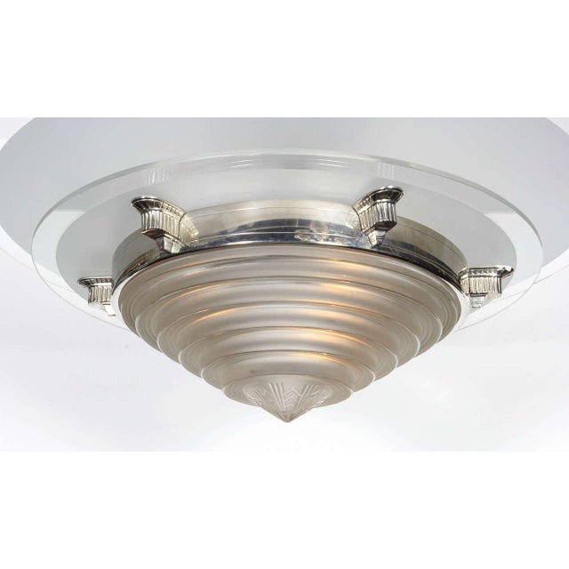 Georges Leleu French Art Deco Polished Nickel and Glass Chandelier Signed Leleu For Sale - Image 4 of 9