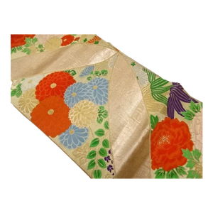 Mid Century Japanese Kimono Obi Silk Brocade Hand Woven Peony Kiku Chrysanthemum Fukuro Flower Antique