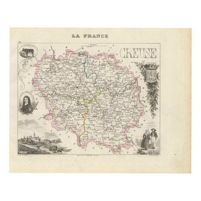 Antique Map of the Creuse, Gueret and Felletin by Vuillemin, 1860 For Sale