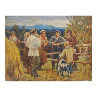 1970s Vladimir Lenin Painting, Soviet Socialist Realism Oil Art 105-140 For Sale