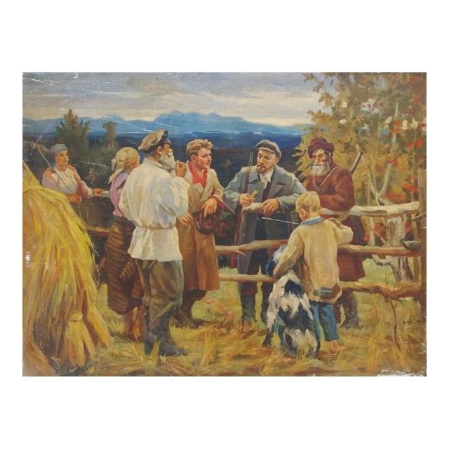 1970s Vladimir Lenin Painting, Soviet Socialist Realism Oil Art 105-140 For Sale