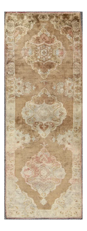 Keivan Woven Arts Vintage Turkish Oushak Runner With Floral Medallions in Light Brown and Ivory