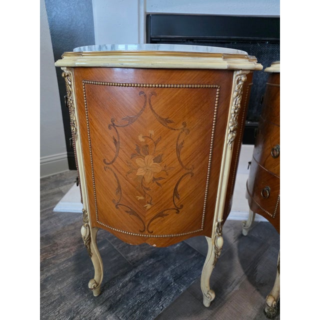Antique Pair of Louis XV Marble-Top French Commodes / Nightstands For Sale - Image 9 of 13