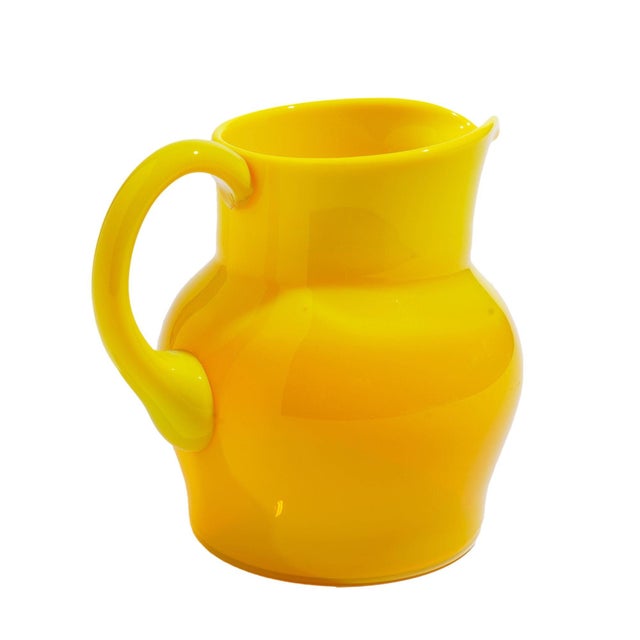 Vintage Cadmium Yellow Opaline Blown Glass Pitcher For Sale - Image 4 of 12