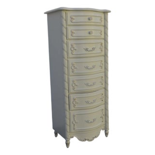 French Shabby Chic Painted Carved Tall Narrow Lingerie Jewelry Chest 6406 For Sale