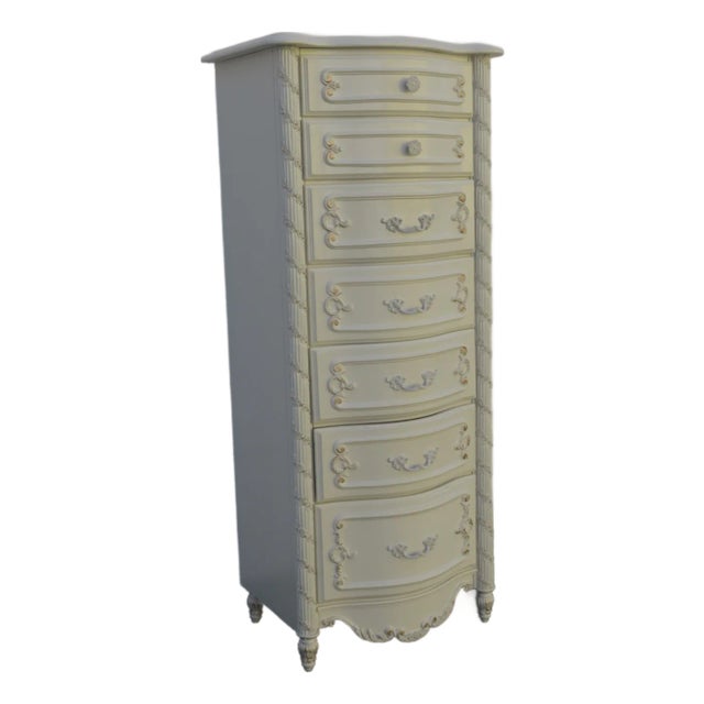 French Shabby Chic Painted Carved Tall Narrow Lingerie Jewelry Chest 6406 For Sale