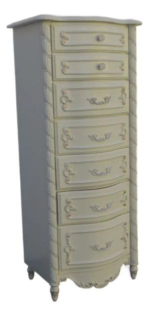 French Shabby Chic Painted Carved Tall Narrow Lingerie Jewelry Chest 6406