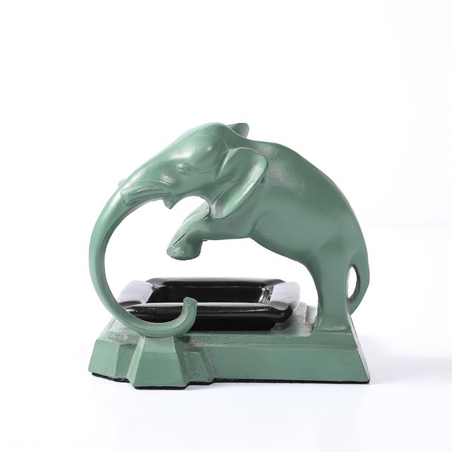 Art Deco Green Enamel & Black Ceramic Sculptural Elephant Ash Tray Signed Nuart For Sale In New York - Image 6 of 13