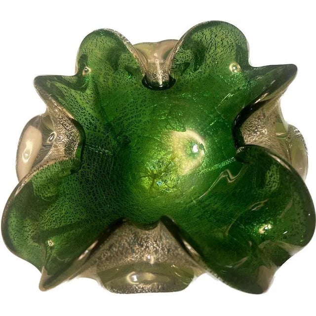 1960s Murano Attributed Valter Rossi Mid-Century Metallic Green-Gold Scalloped Glass Trinket Dish, 1960’s For Sale - Image 5 of 5