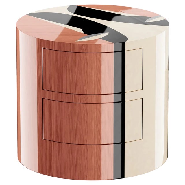 Naif Bedside Table Round Bedside Table Pink 3 Drawers Geometric Pattern Wood by HOMMÉS Studio For Sale
