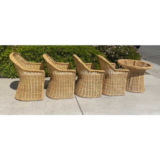 Contemporary Vintage Woven Rattan Wicker Dining Set, Coastal Style With Braided Trim After Bielecky Brothers For Sale - Image 3 of 17
