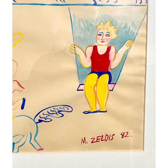 Malcah Zeldis, Malcah Zeldis Folk Art Gouache Painting Outsider Circus Trapeze Horse Acrobats, 1982 For Sale - Image 4 of 6