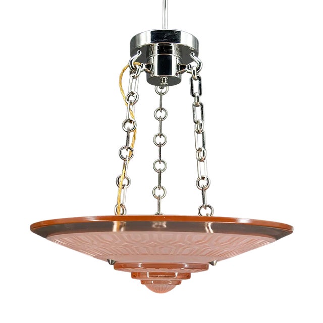 Art Deco Hanging Light in Pink Glass and Chrome Bronze by Henry Petitot for Atelier Petitot, 1930 For Sale