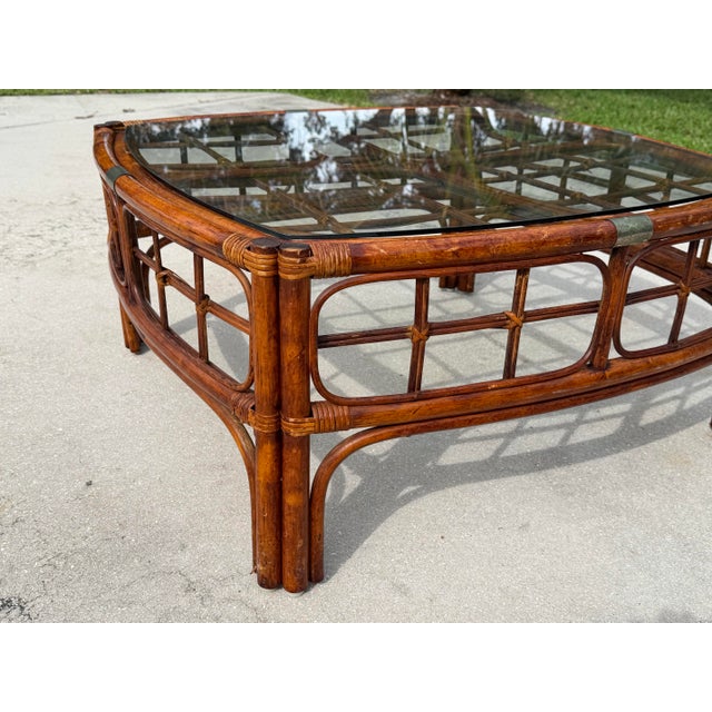 Late 20th Century Vintage Tortoise Bamboo Rattan Square Coffee Table With Glass Top For Sale - Image 5 of 12
