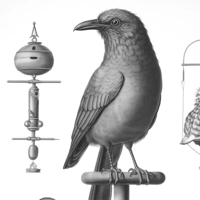 2020s 'Birds' Watercolor & Pencil Black and White Print For Sale - Image 5 of 6