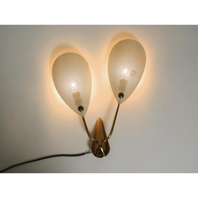Mid-Century Modern Mid-Century Modern Brass Wall Lamp with Perforated Metal Sheet Lampshades, 1950s For Sale - Image 3 of 16