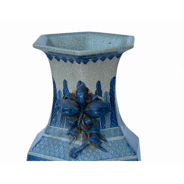 Ceramic Vintage Chinese Off White Blue Flower Graphic Hexagonal Porcelain Vase For Sale - Image 7 of 10