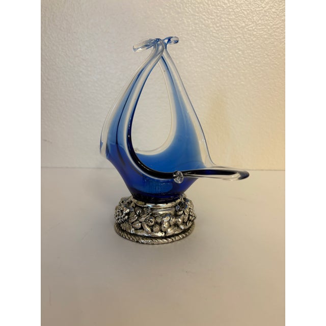 Glass 1960s Murano Style Hand Blown Glass Art Basket With Silver Base For Sale - Image 7 of 8