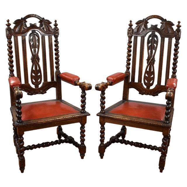 Set of Oak Barley Twist Armchairs For Sale