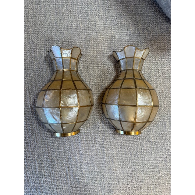 Shell Pair of Capiz Shell and Brass Wall Sconces Small, 1970s For Sale - Image 7 of 9