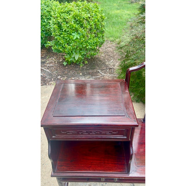 Chinoiserie Vintage Asian Chinoiserie Hand Carved Telephone Gossip Rosewood Table Bench For Sale - Image 3 of 8