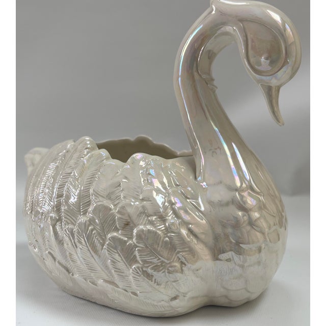 Hollywood Regency 1970s Vintage Hand-Crafted Iridescent Ceramic Swan Planter or Cachepot For Sale - Image 3 of 8