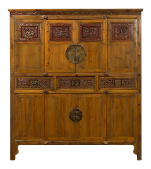 Large Chinese Qing Elm Armoire with Carved Motifs and Red Lacquered Accents