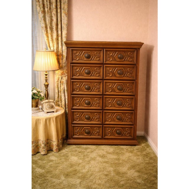 Spanish Revival 1970s Colonial Revival Full Bedroom Set With Dresser, Mirror, Tall Chest & Nightstands For Sale - Image 3 of 10