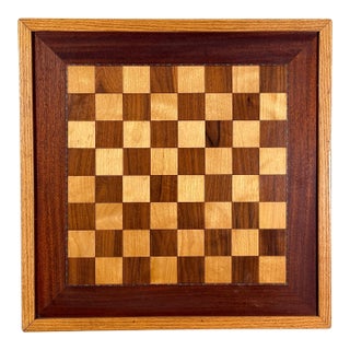 Vintage 24" Hand Made Solid Wood Chess Board With Mixed Hardwoods For Sale