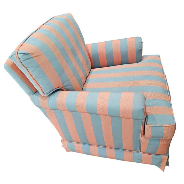 Vintage Lee Industries Swivel Armchair Rocker Striped Rolled Arm Chair MCM Blue For Sale In West Palm - Image 6 of 14