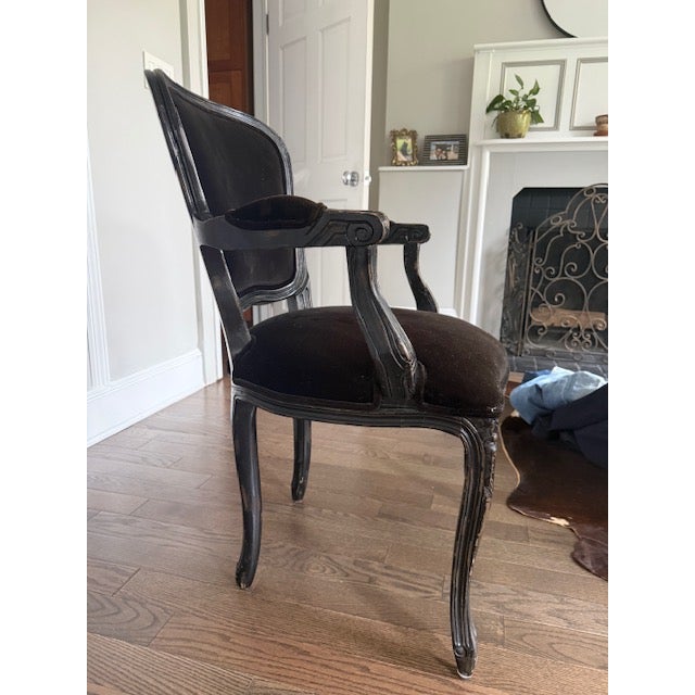 Gothic Pair of French Provincial Armchairs in Black Velvet - Regency Style For Sale - Image 3 of 10