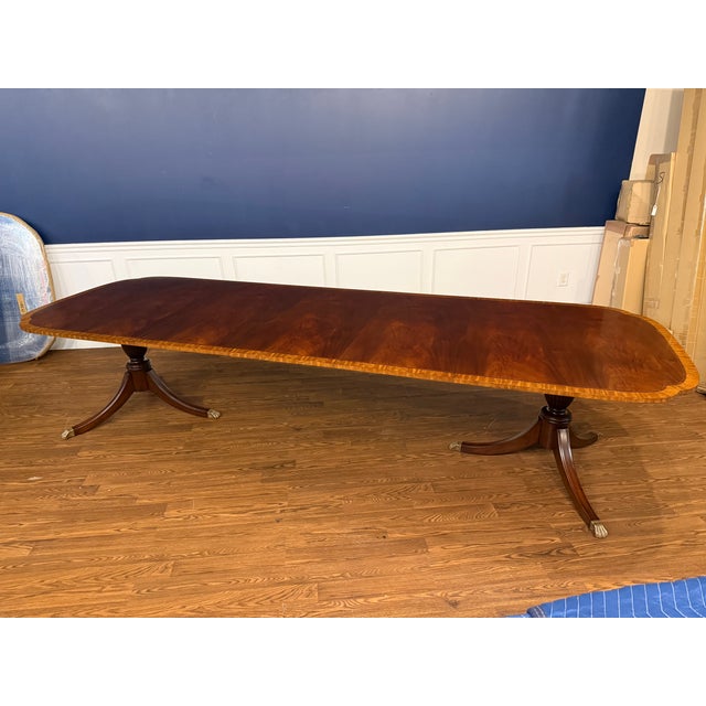 Leighton Hall Furniture Traditional Scallop Cornered Mahogany Double Pedestal Dining Table by Leighton Hall - Showroom Sample For Sale - Image 4 of 14