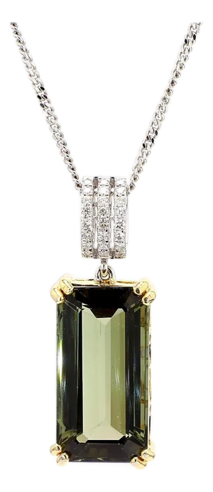 10.52 Carat Forrest Green Tourmaline Emerald Cut 18k Gold Pendant Necklace