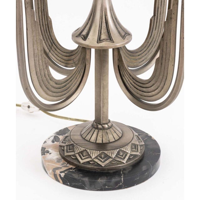 Art Deco Five-Branch Glass and Marble Table Lamp, four frosted glass floral motif shades emerging from central column and...
