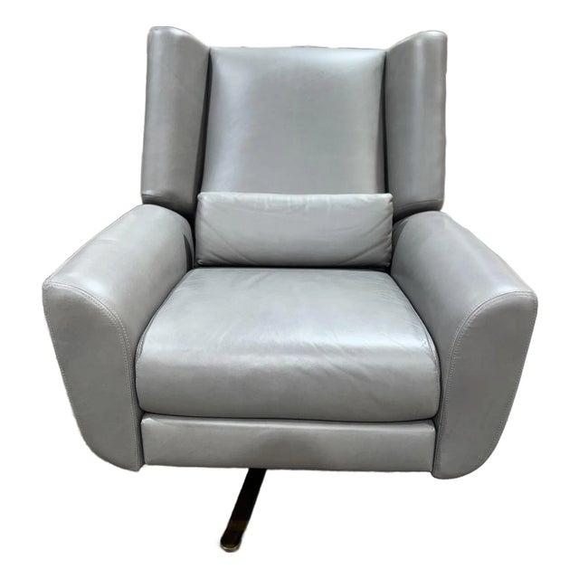 Restoration Hardware "Luke" Gray Leather Swivel Recliner For Sale