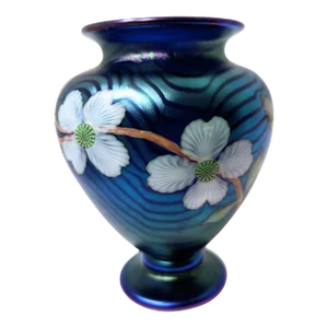 Artisan Signed Orient & Flume Iridescent Floral Blue Art Glass Vase