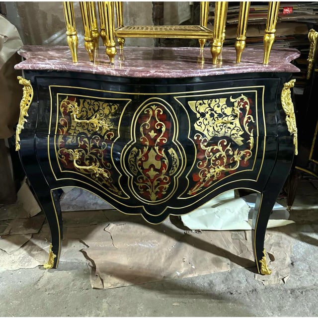 French Boulle-Inspired Commode – Dark Wood Cabinet With Gilded Ornaments & Two Spacious Drawers For Sale - Image 4 of 4