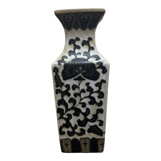 Vintage Tall Ceramic Taupe Vase With Painted Flowers For Sale